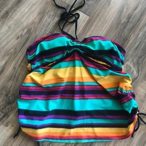Multicolored tankini top with halter straps.